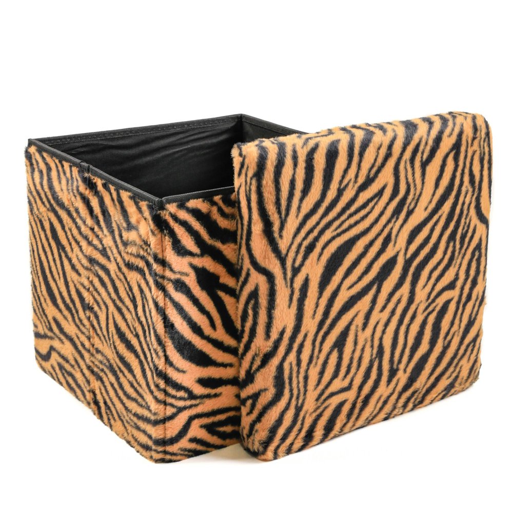 Black and Tan Faux Fur Tiger Storage Ottoman - 12-inch