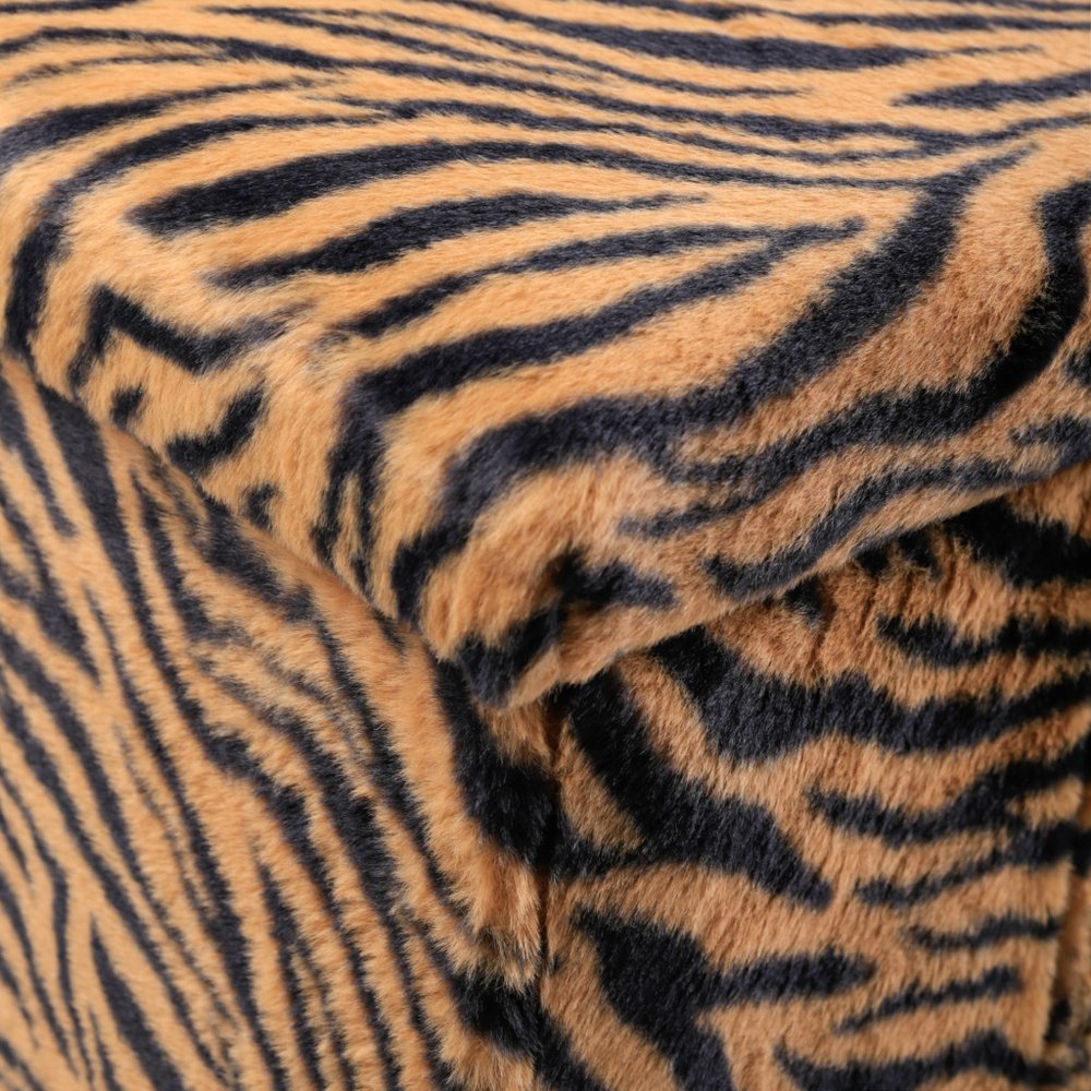 Black and Tan Faux Fur Tiger Storage Ottoman - 12-inch