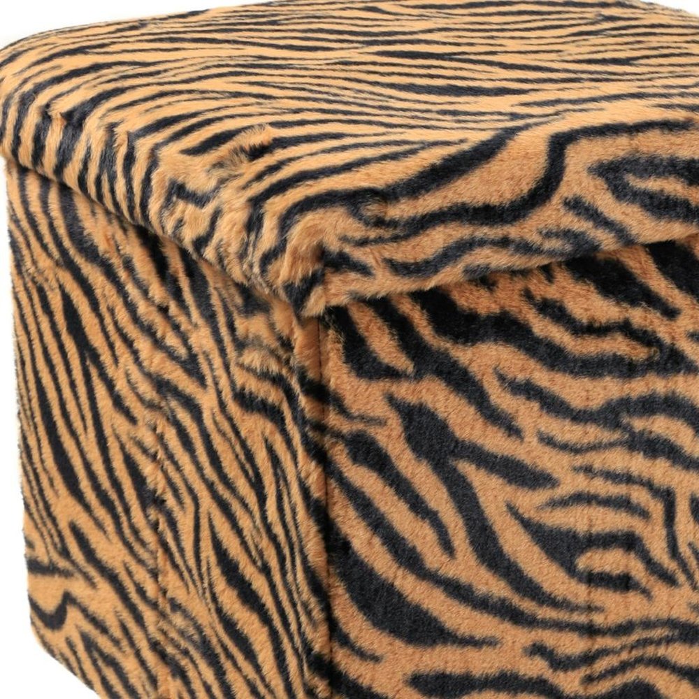 Black and Tan Faux Fur Tiger Storage Ottoman - 12-inch