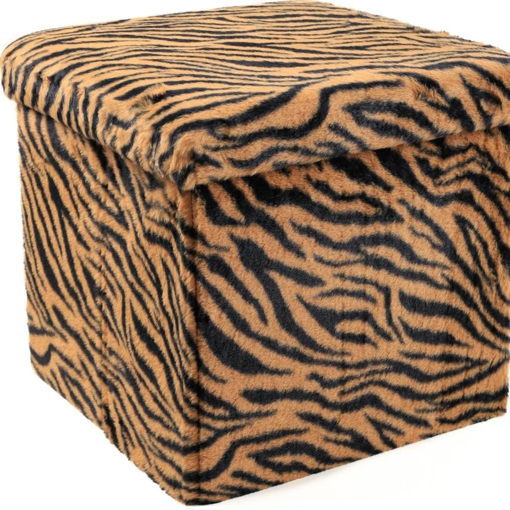 Black and Tan Faux Fur Tiger Storage Ottoman - 12-inch