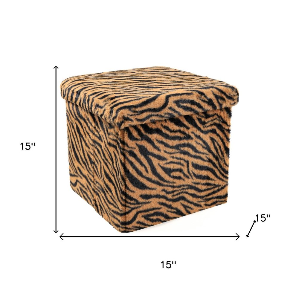 Black and Tan Faux Fur Tiger Storage Ottoman - 12-inch