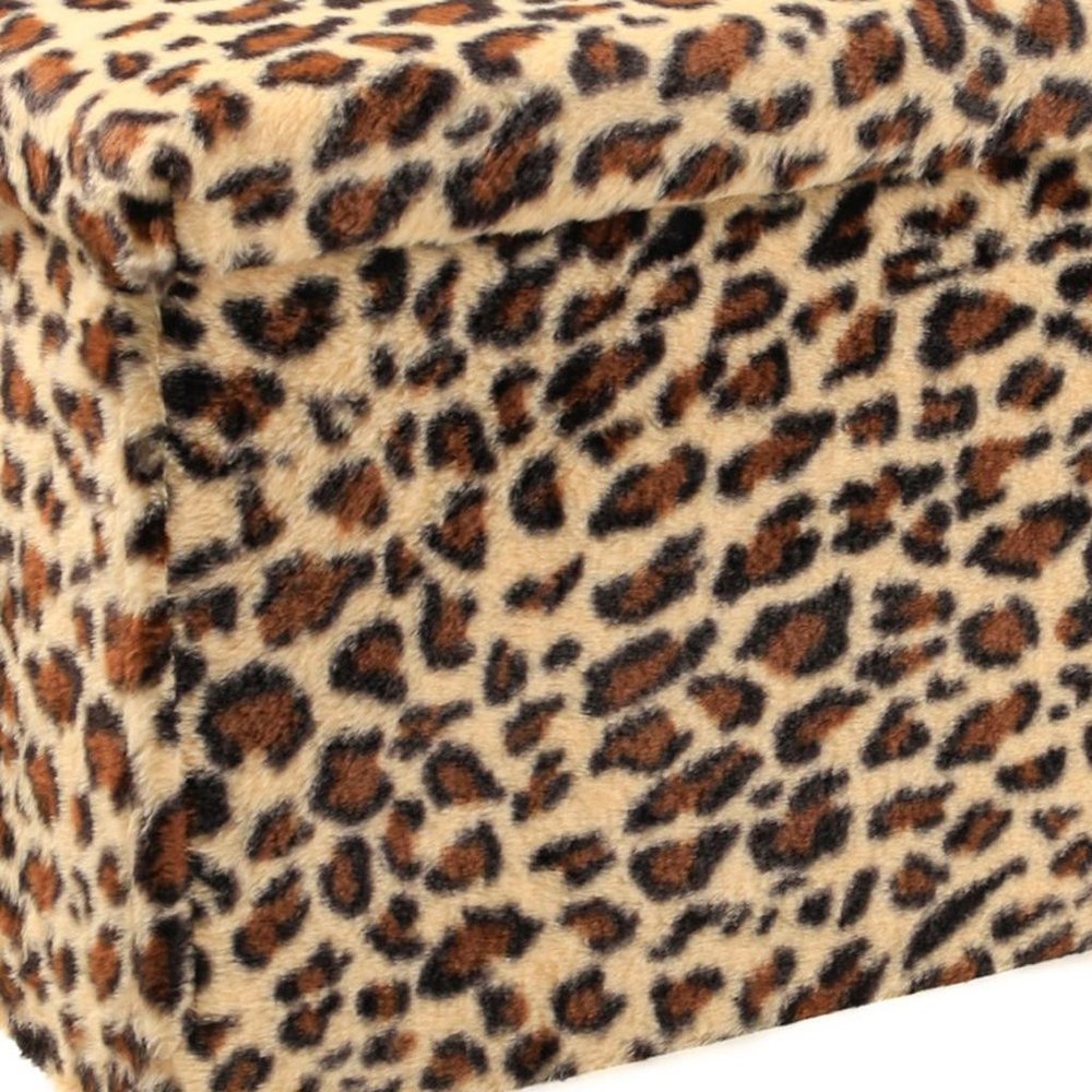 Black and Tan Faux Fur Leopard Storage Ottoman - 12-inch