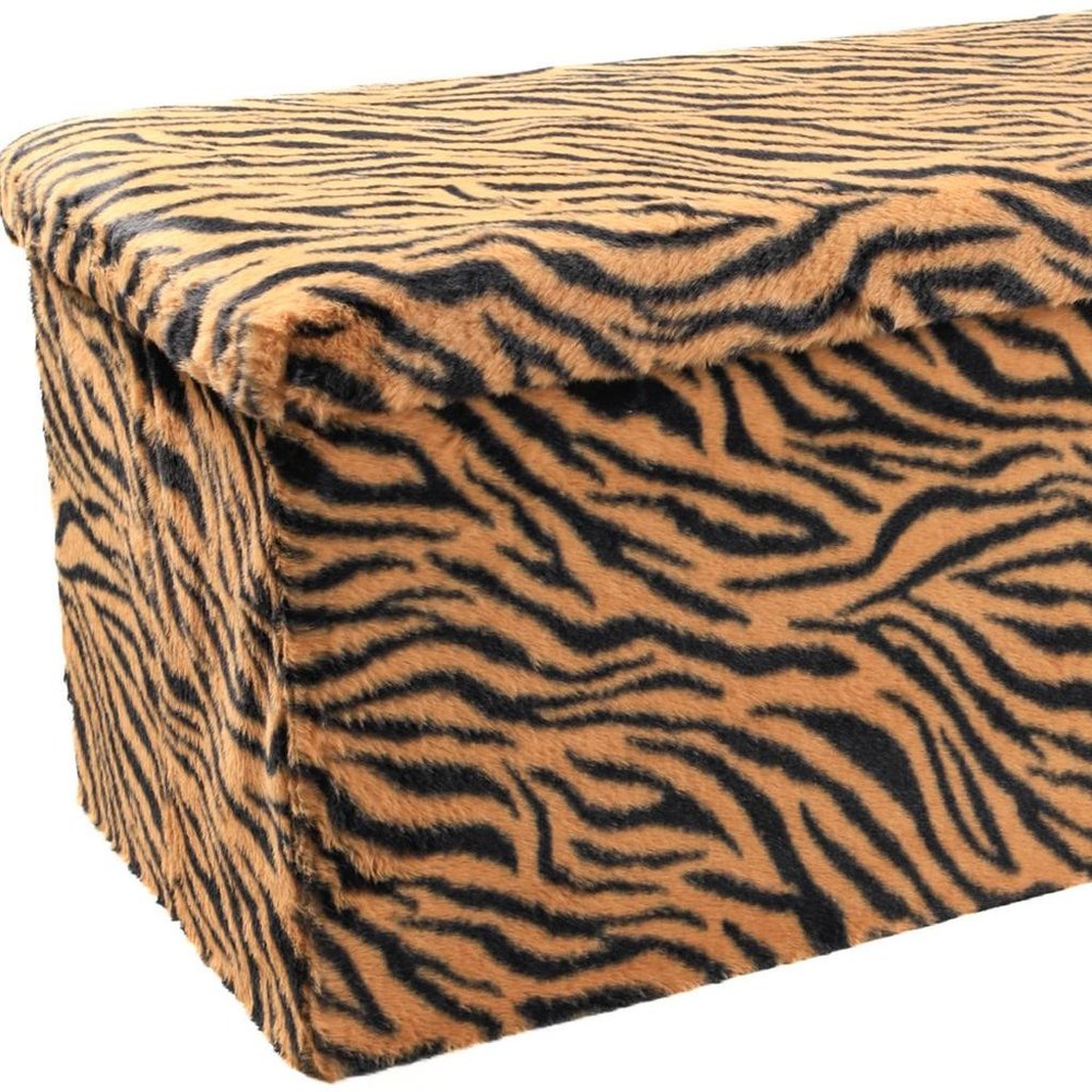 Black and Tan Faux Fur Tiger Storage Ottoman - 12-inch