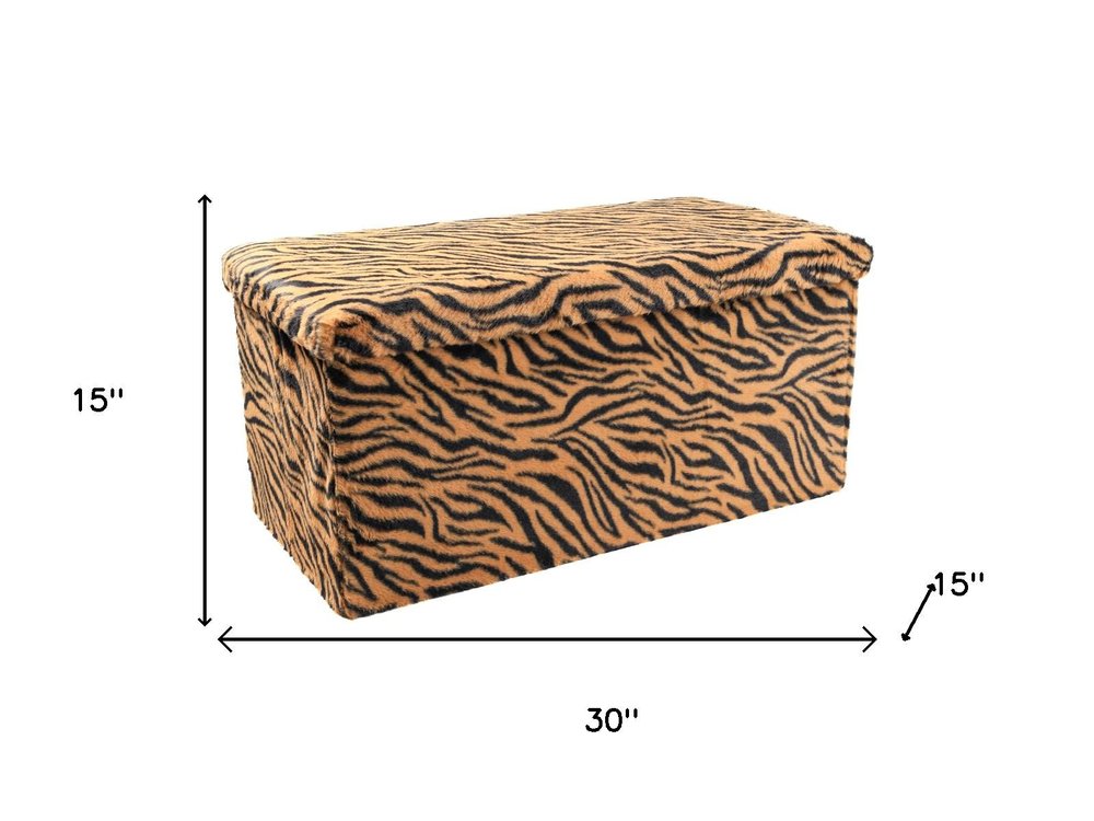 Black and Tan Faux Fur Tiger Storage Ottoman - 12-inch