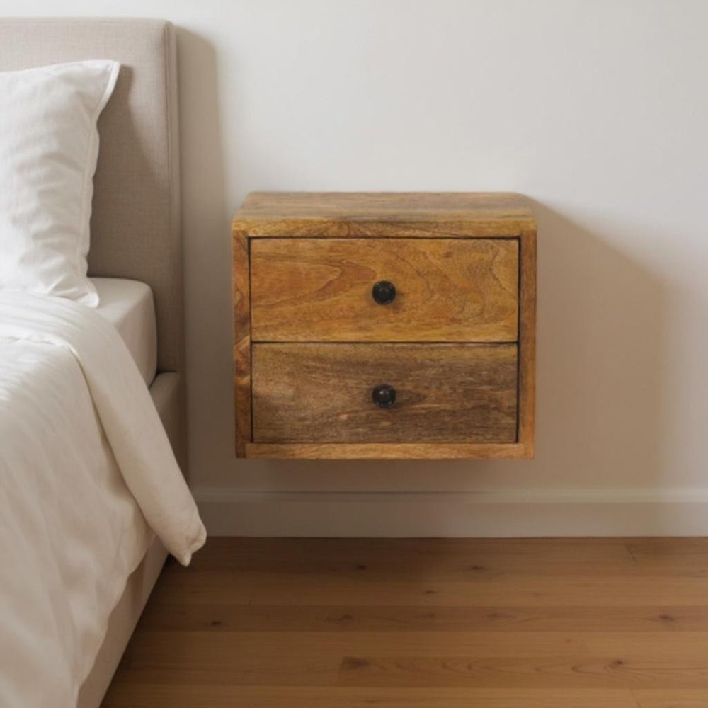 Brown Solid Wood Two Drawer Floating Nightstand - 12-inch