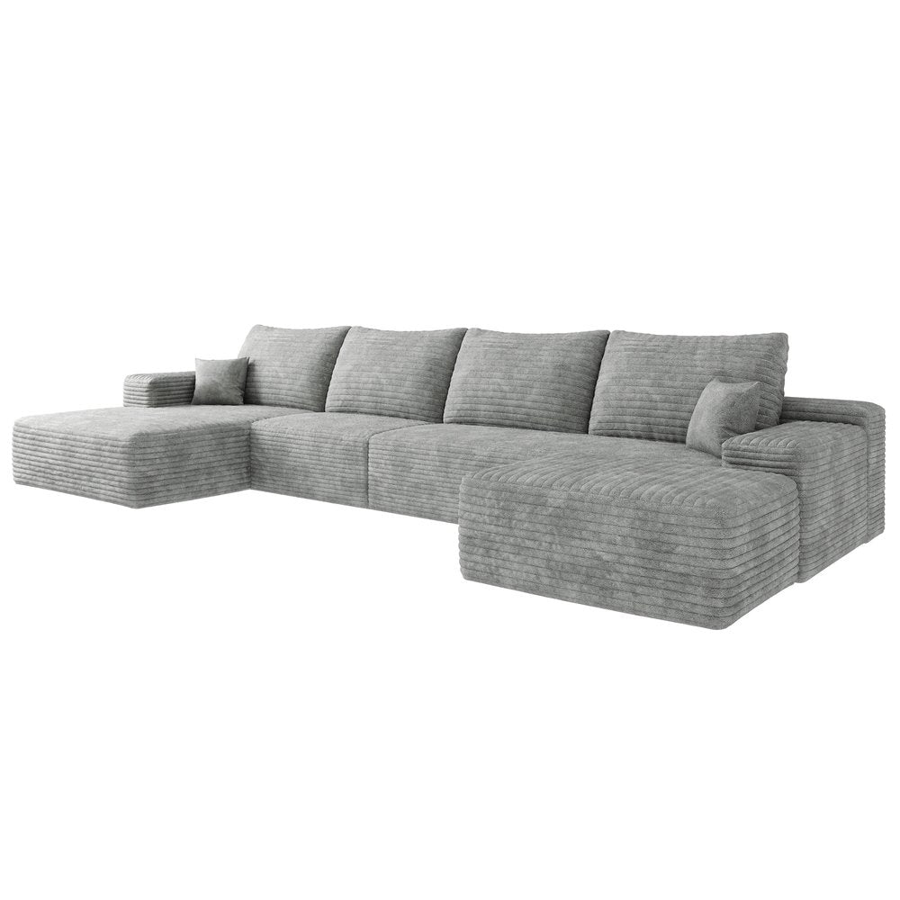 Gray Corduroy Modular Universal Sofa with Ottoman and Toss Pillows