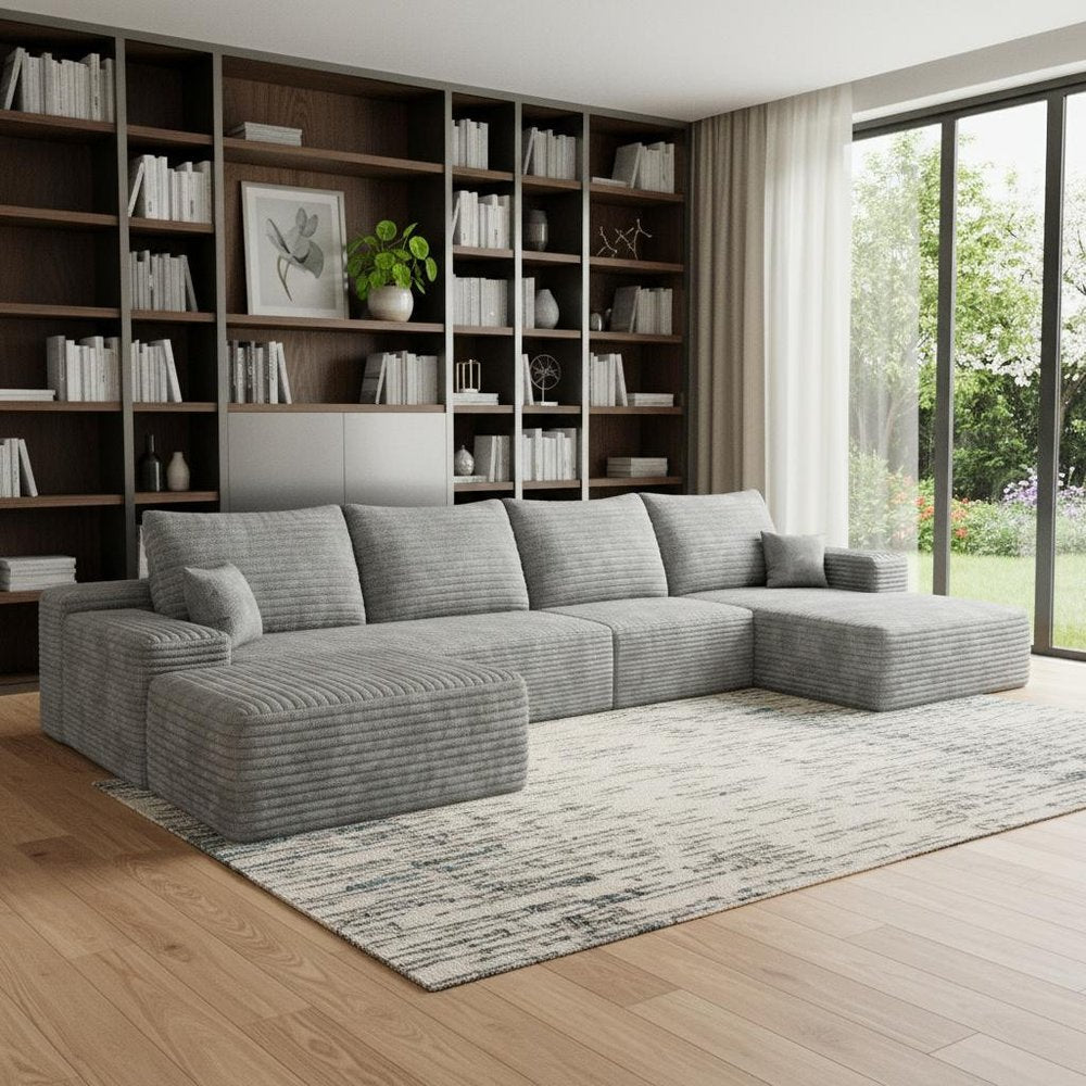 Gray Corduroy Modular Universal Sofa with Ottoman and Toss Pillows