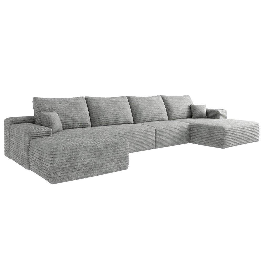 Gray Corduroy Modular Universal Sofa with Ottoman and Toss Pillows