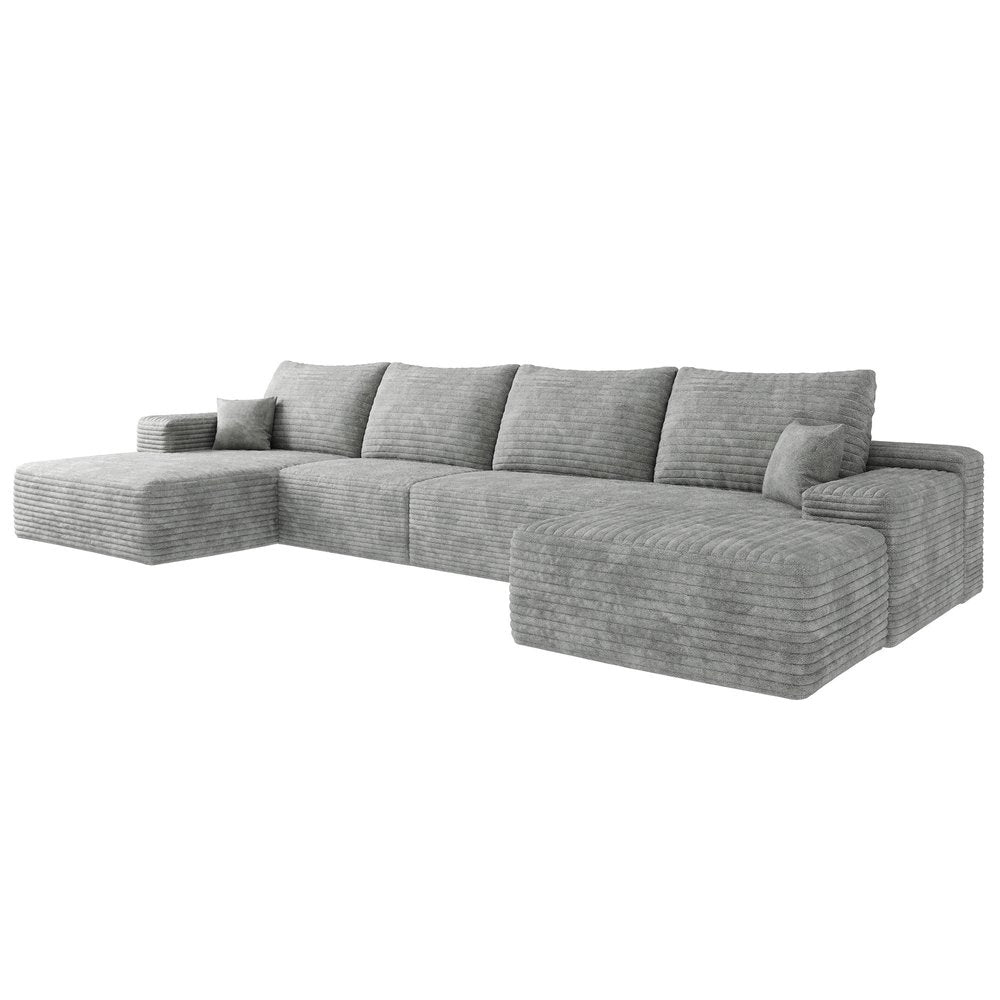 Gray Corduroy Modular Universal Sofa with Ottoman and Toss Pillows