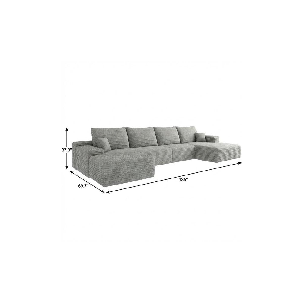 Gray Corduroy Modular Universal Sofa with Ottoman and Toss Pillows