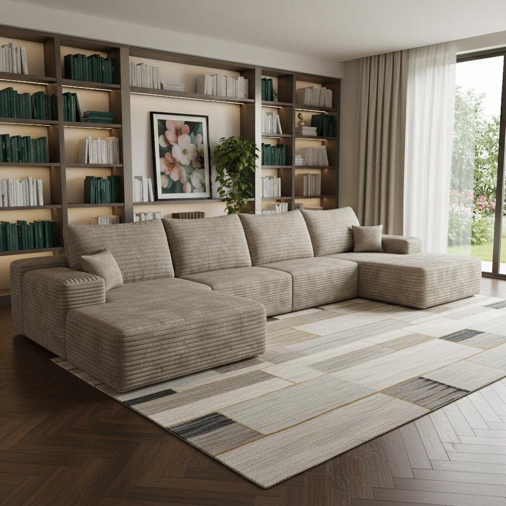 Camel Corduroy Modular Universal Sofa with Ottoman and Toss Pillows
