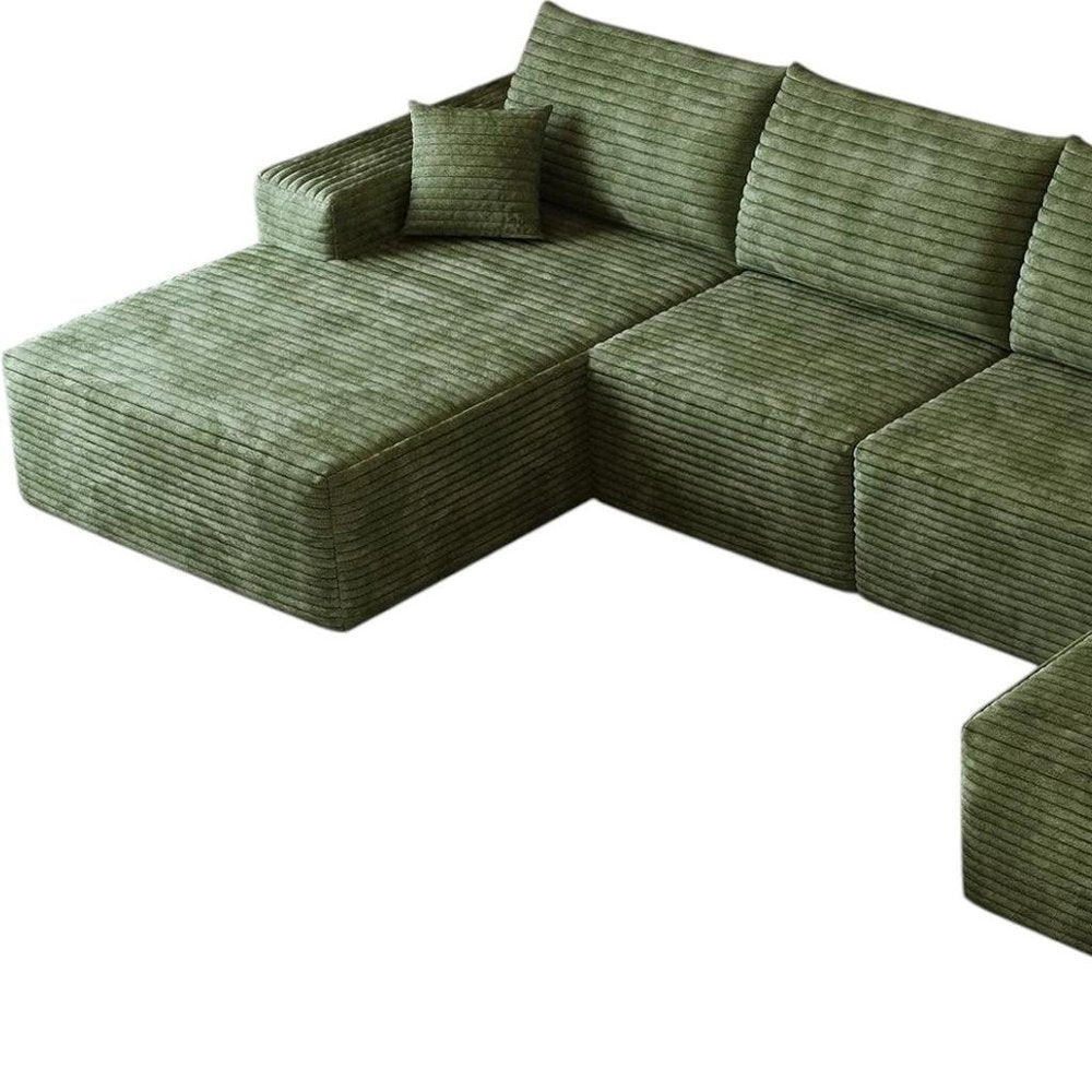 Green Corduroy Modular Universal Sofa with Ottoman and Toss Pillows