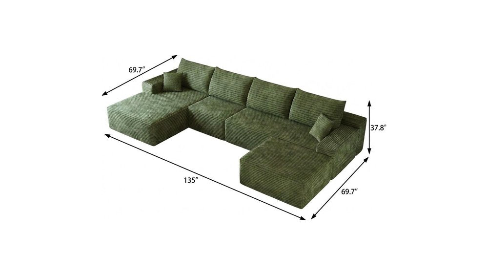 Green Corduroy Modular Universal Sofa with Ottoman and Toss Pillows