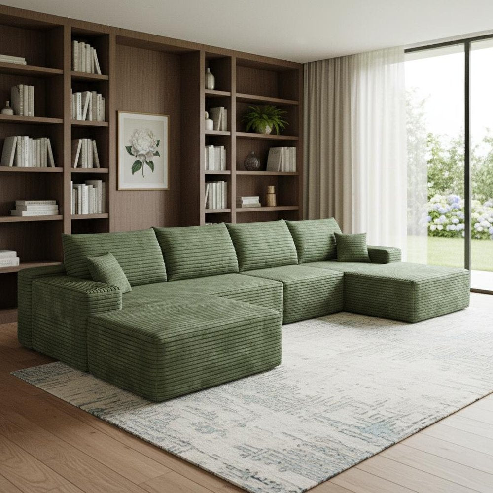 Green Corduroy Modular Universal Sofa with Ottoman and Toss Pillows