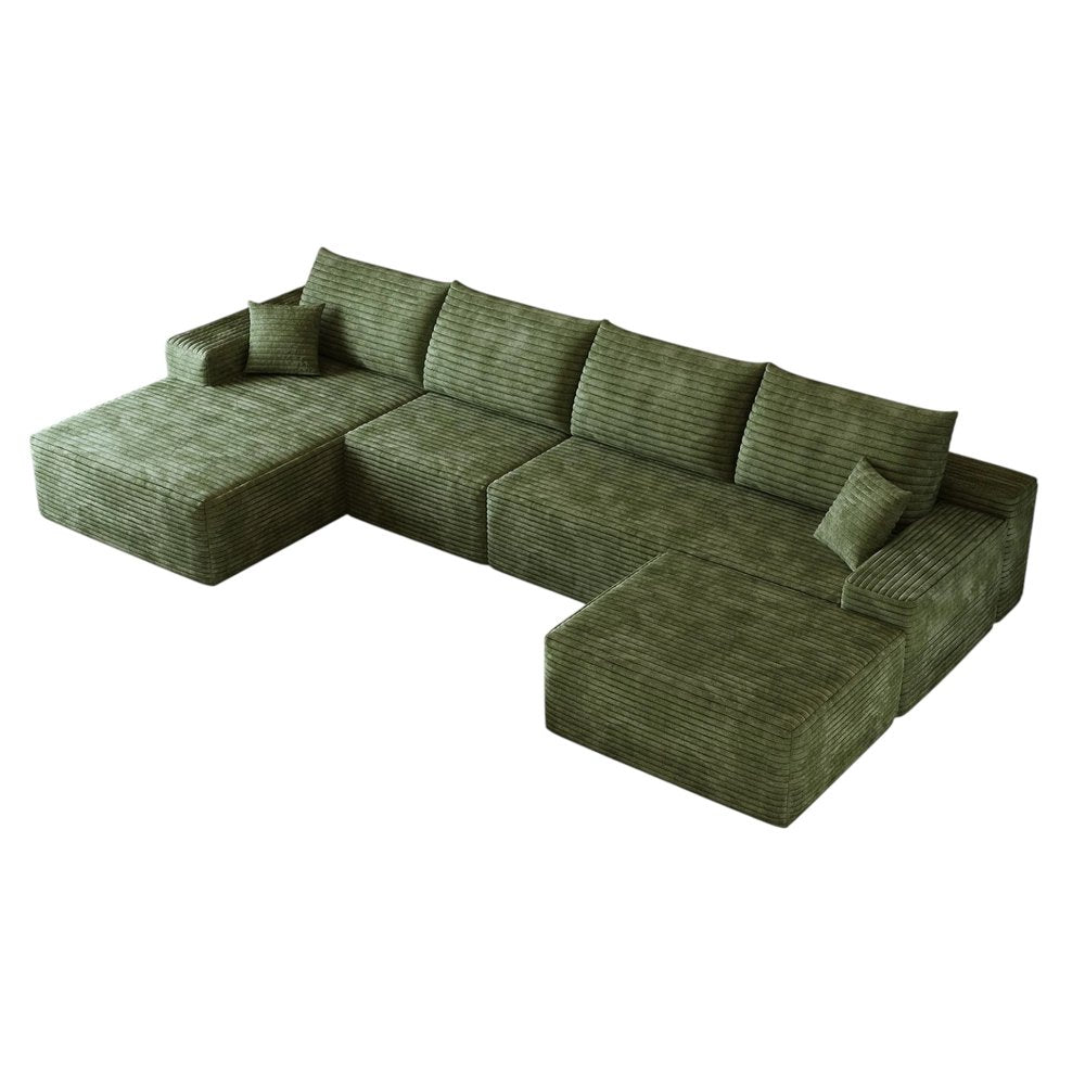 Green Corduroy Modular Universal Sofa with Ottoman and Toss Pillows