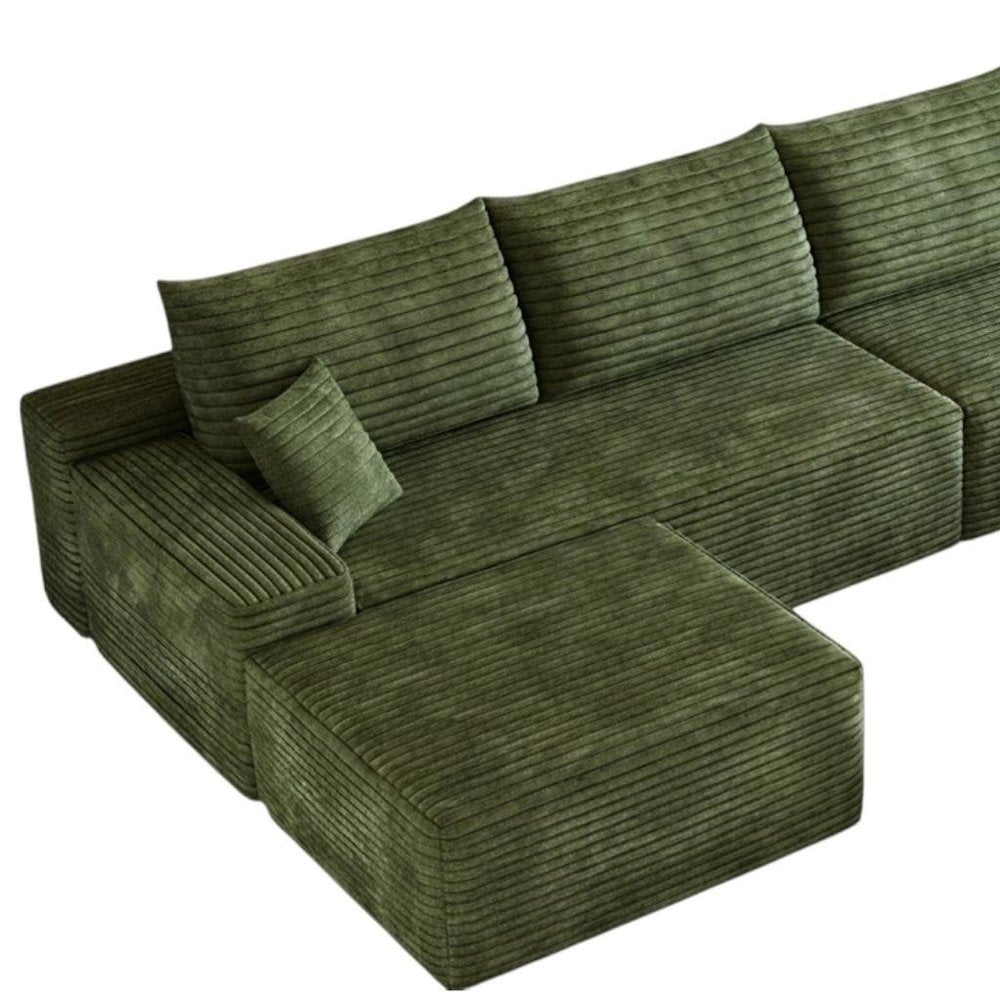Green Corduroy Modular Universal Sofa with Ottoman and Toss Pillows