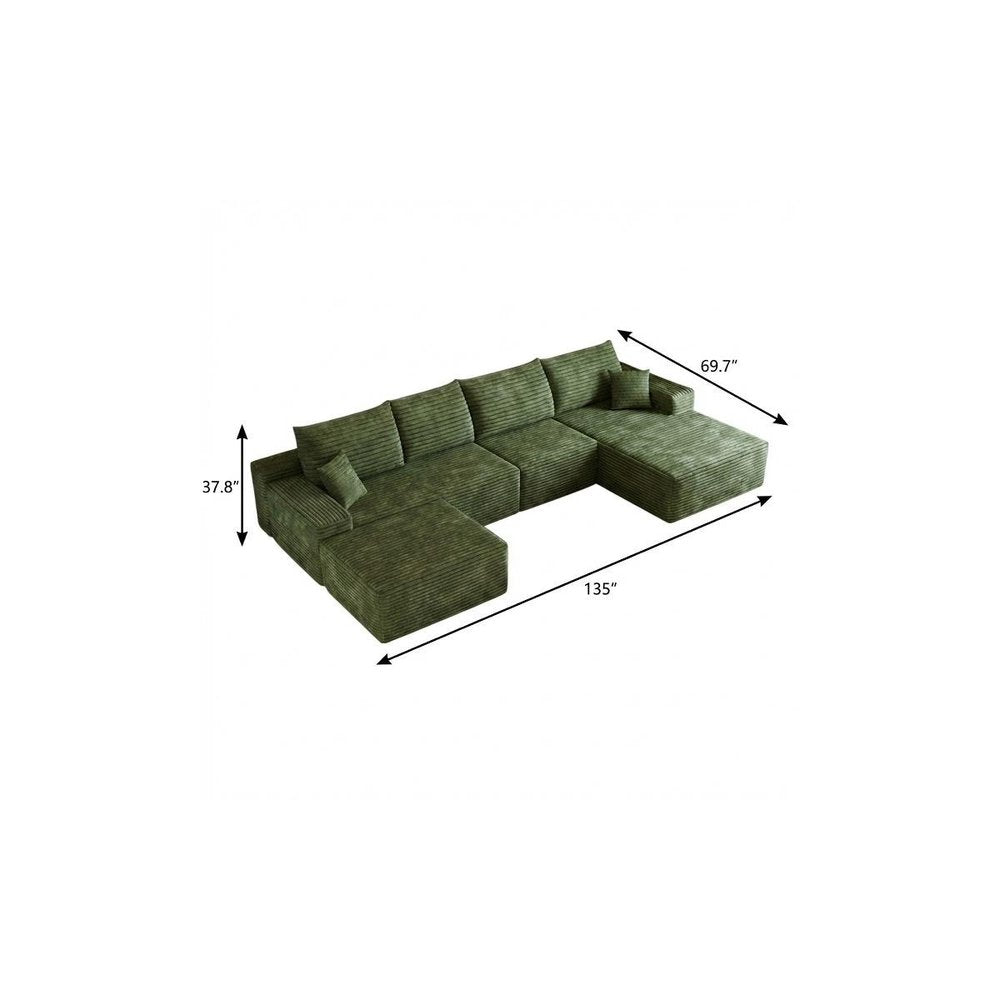 Green Corduroy Modular Universal Sofa with Ottoman and Toss Pillows
