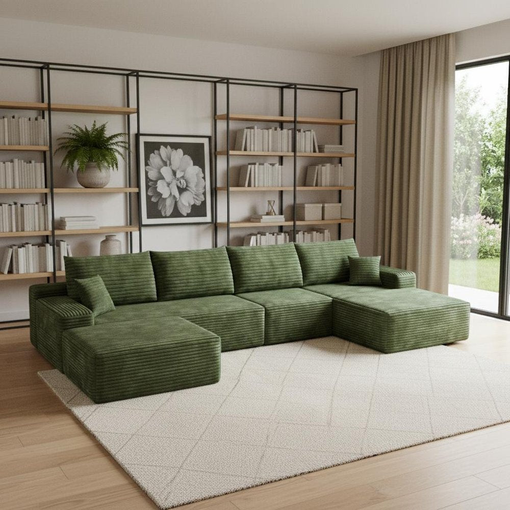 Green Corduroy Modular Universal Sofa with Ottoman and Toss Pillows