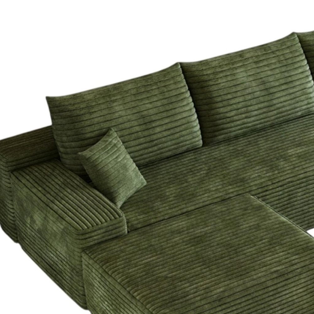 Green Corduroy Modular Universal Sofa with Ottoman and Toss Pillows
