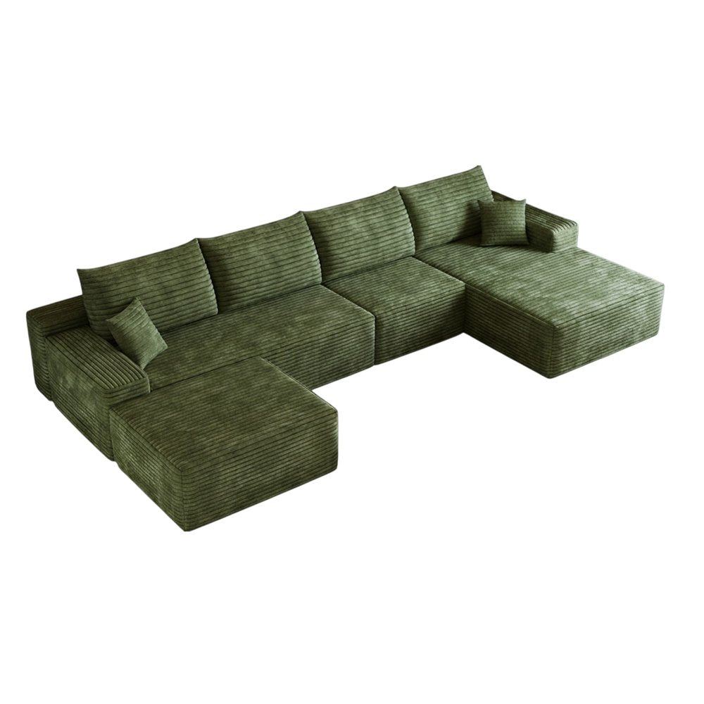 Green Corduroy Modular Universal Sofa with Ottoman and Toss Pillows