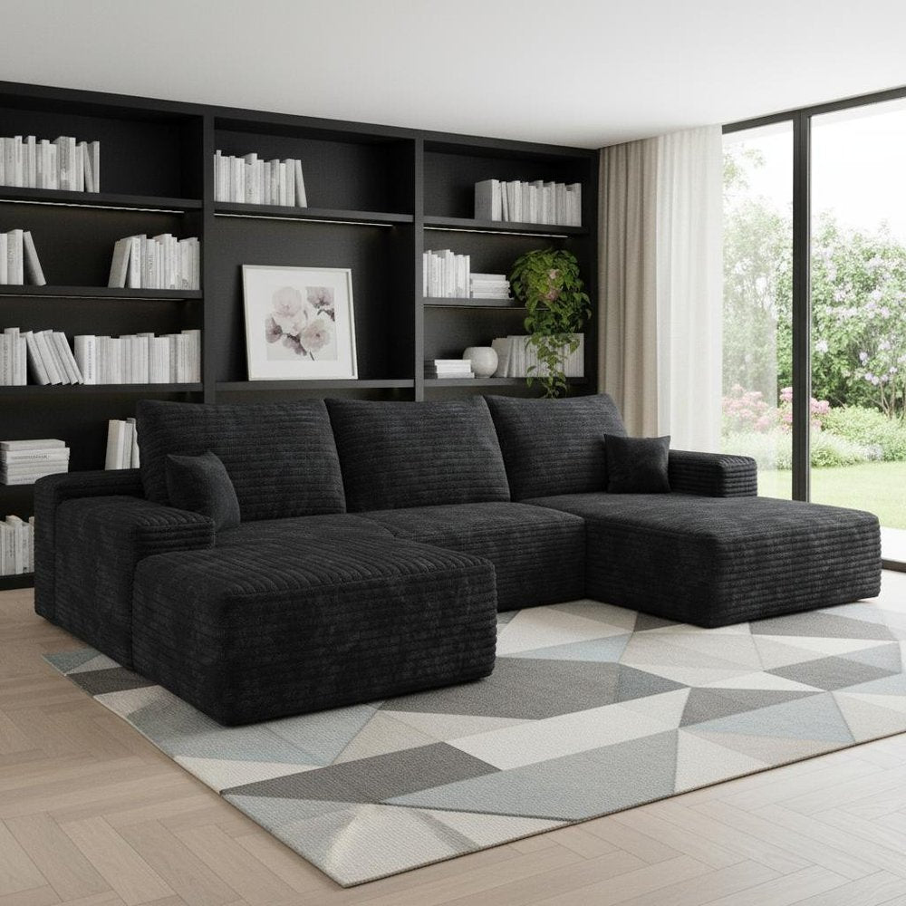 Black Corduroy Modular Universal Sofa with Ottoman and Toss Pillows