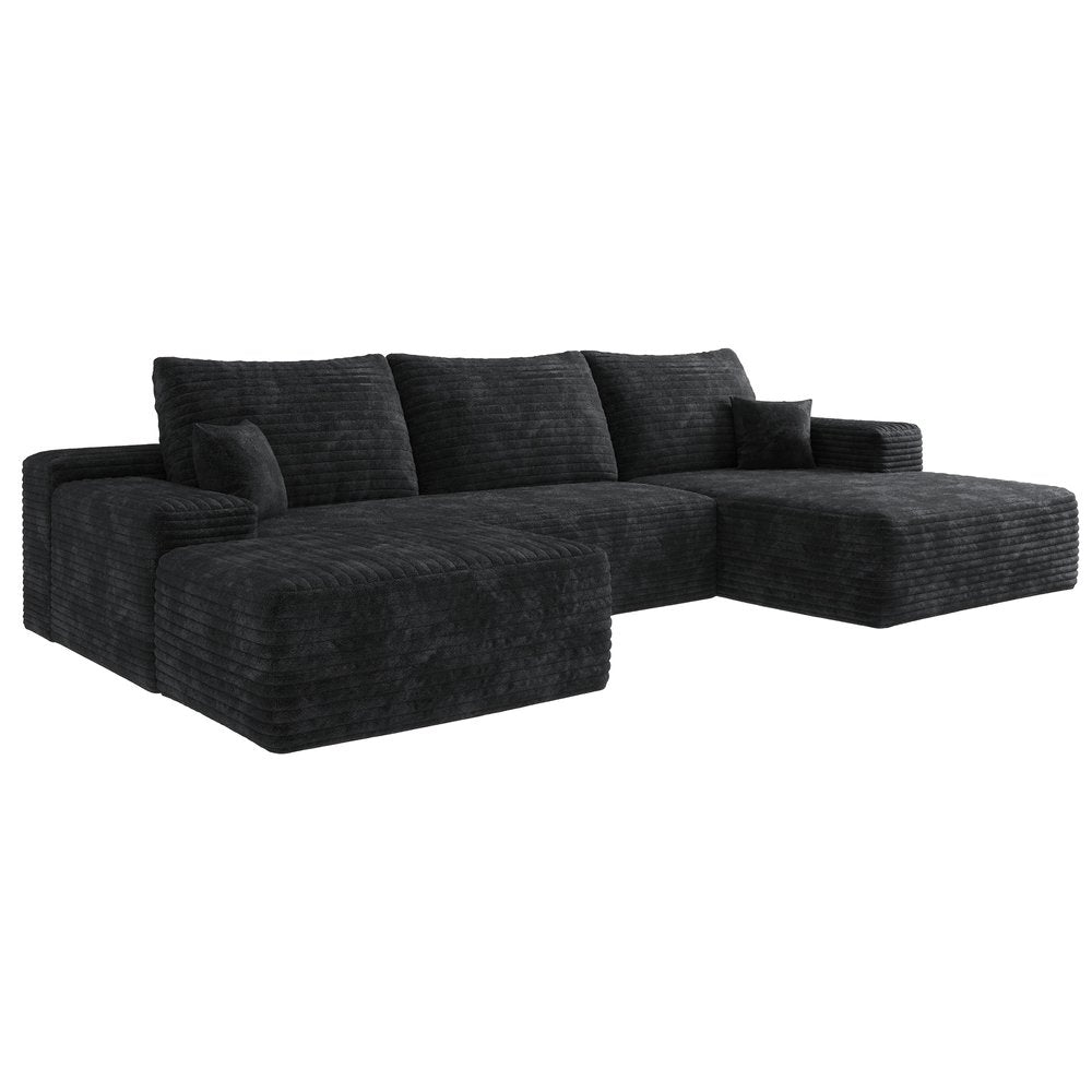 Black Corduroy Modular Universal Sofa with Ottoman and Toss Pillows
