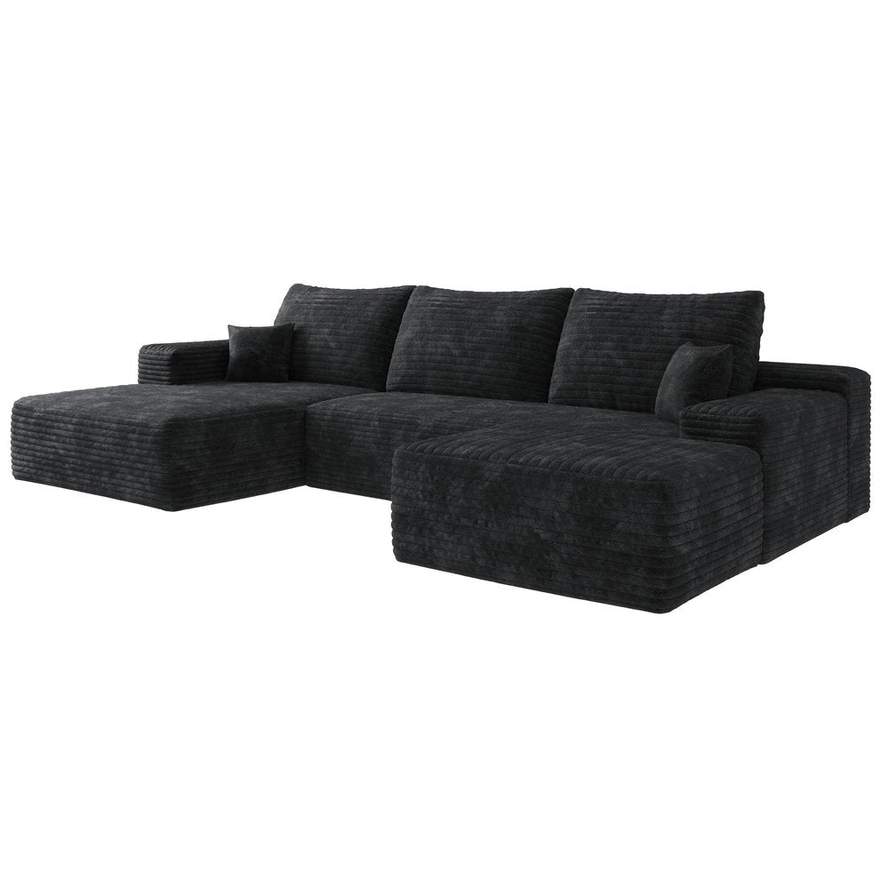 Black Corduroy Modular Universal Sofa with Ottoman and Toss Pillows