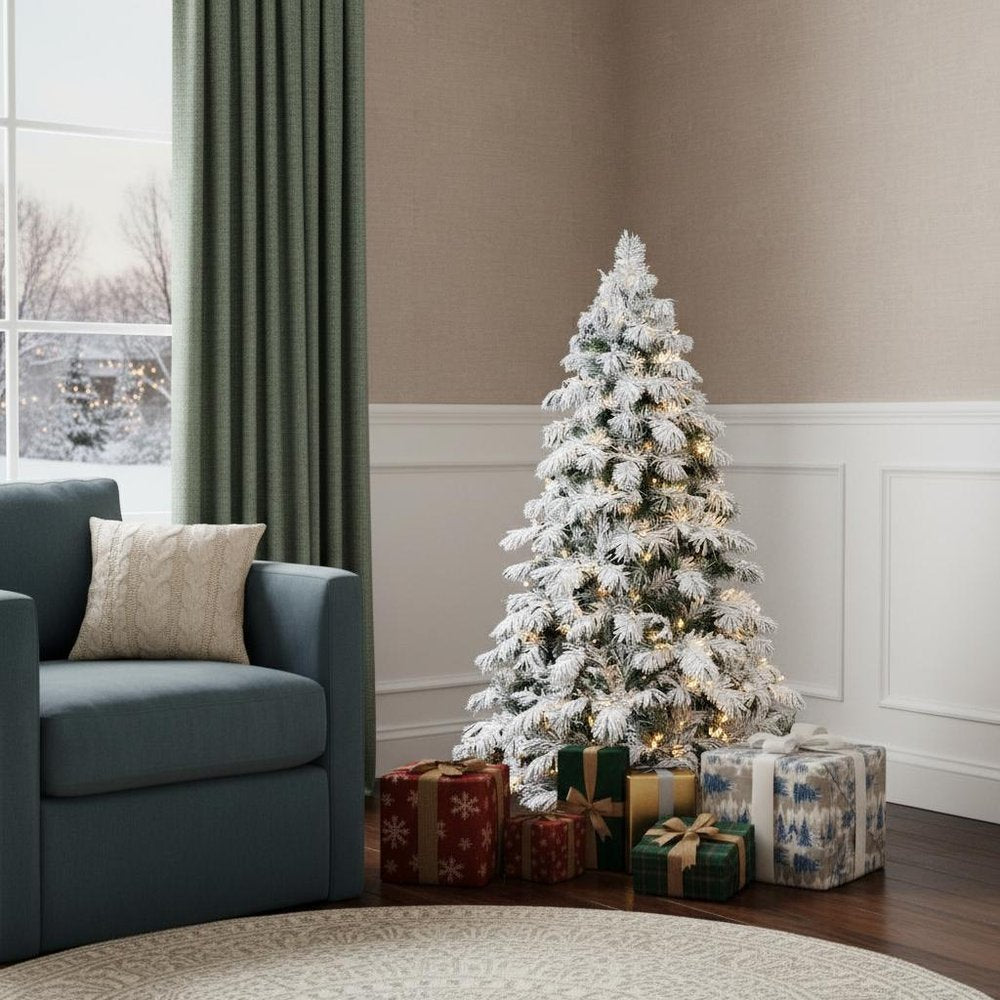 5' Green and White Pre Lit Full Flocked Pine Christmas Tree