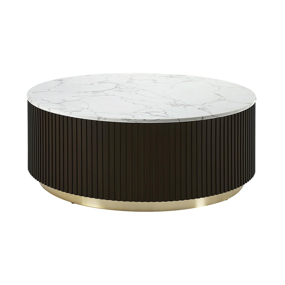 White Espresso and Gold Faux Marble Solid Wood and Steel Round Drum Coffee Table