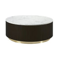 White Espresso and Gold Faux Marble Solid Wood and Steel Round Drum Coffee Table