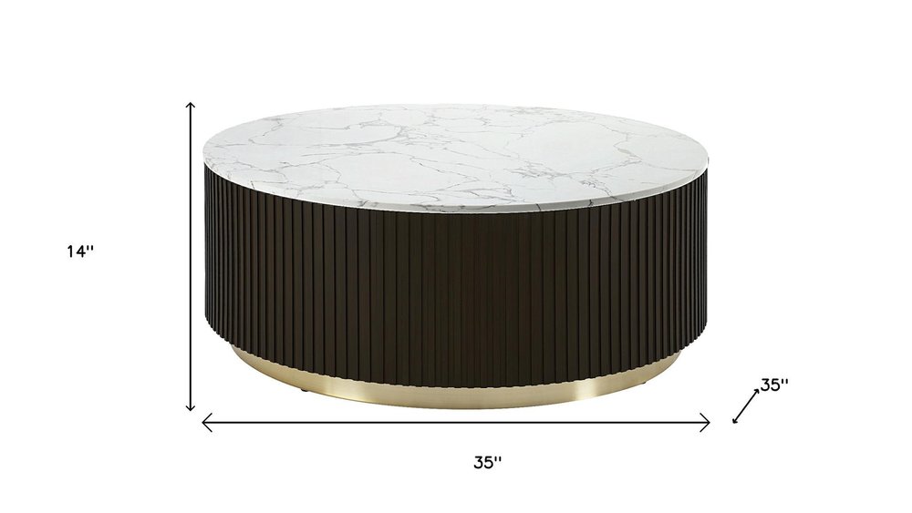 White Espresso and Gold Faux Marble Solid Wood and Steel Round Drum Coffee Table