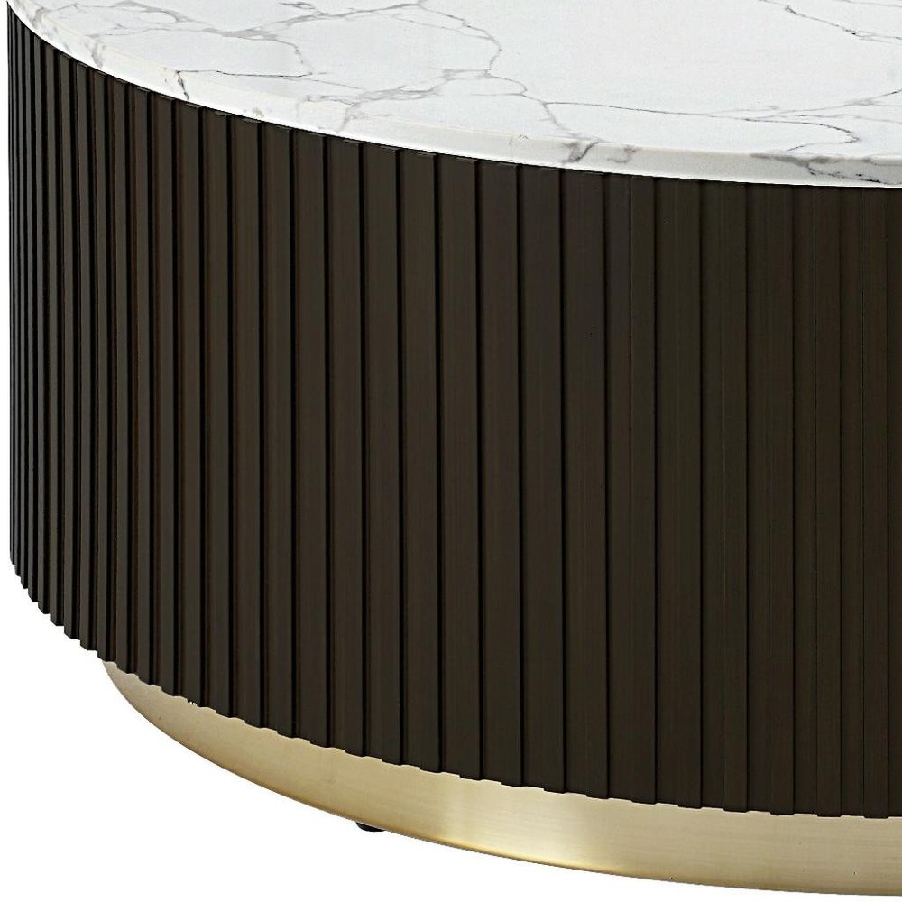 White Espresso and Gold Faux Marble Solid Wood and Steel Round Drum Coffee Table