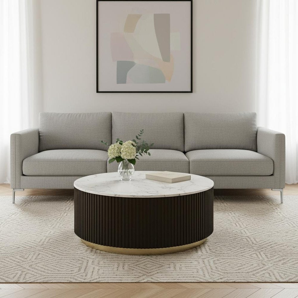 White Espresso and Gold Faux Marble Solid Wood and Steel Round Drum Coffee Table