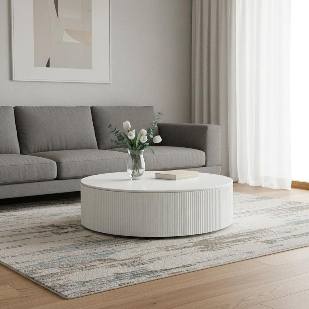 White Wood Round Drum Coffee Table - 47-inch