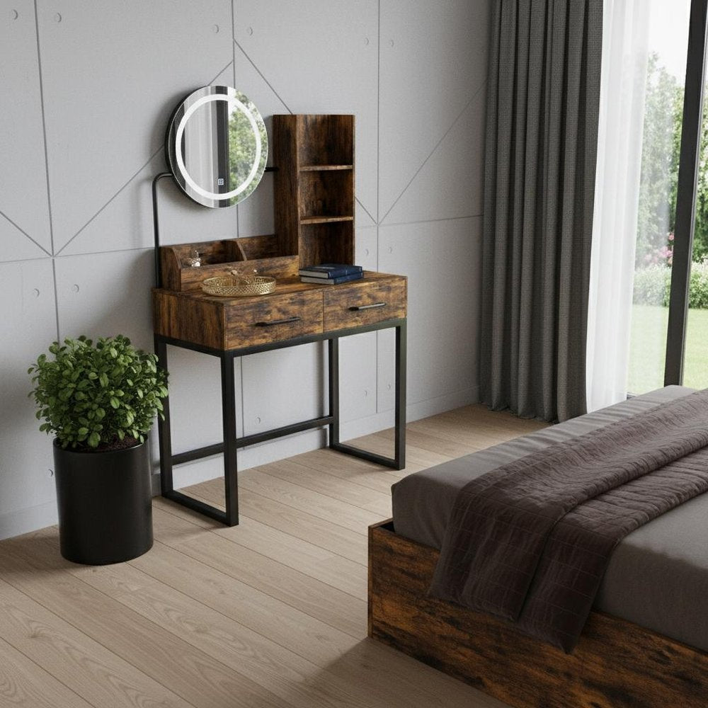 Brown Wood Mirrored Two Drawer Vanity Table - 31-inch
