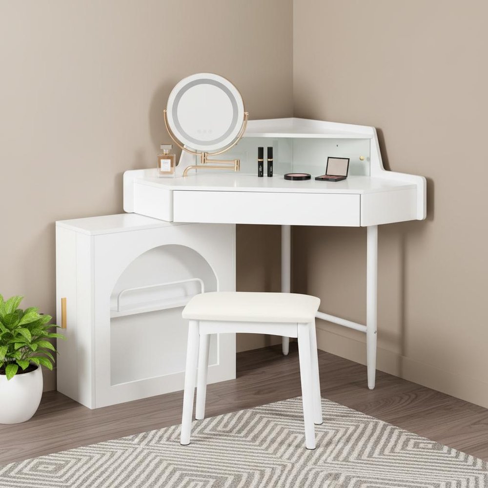 White Wood Mirrored Vanity Table - 56-inch