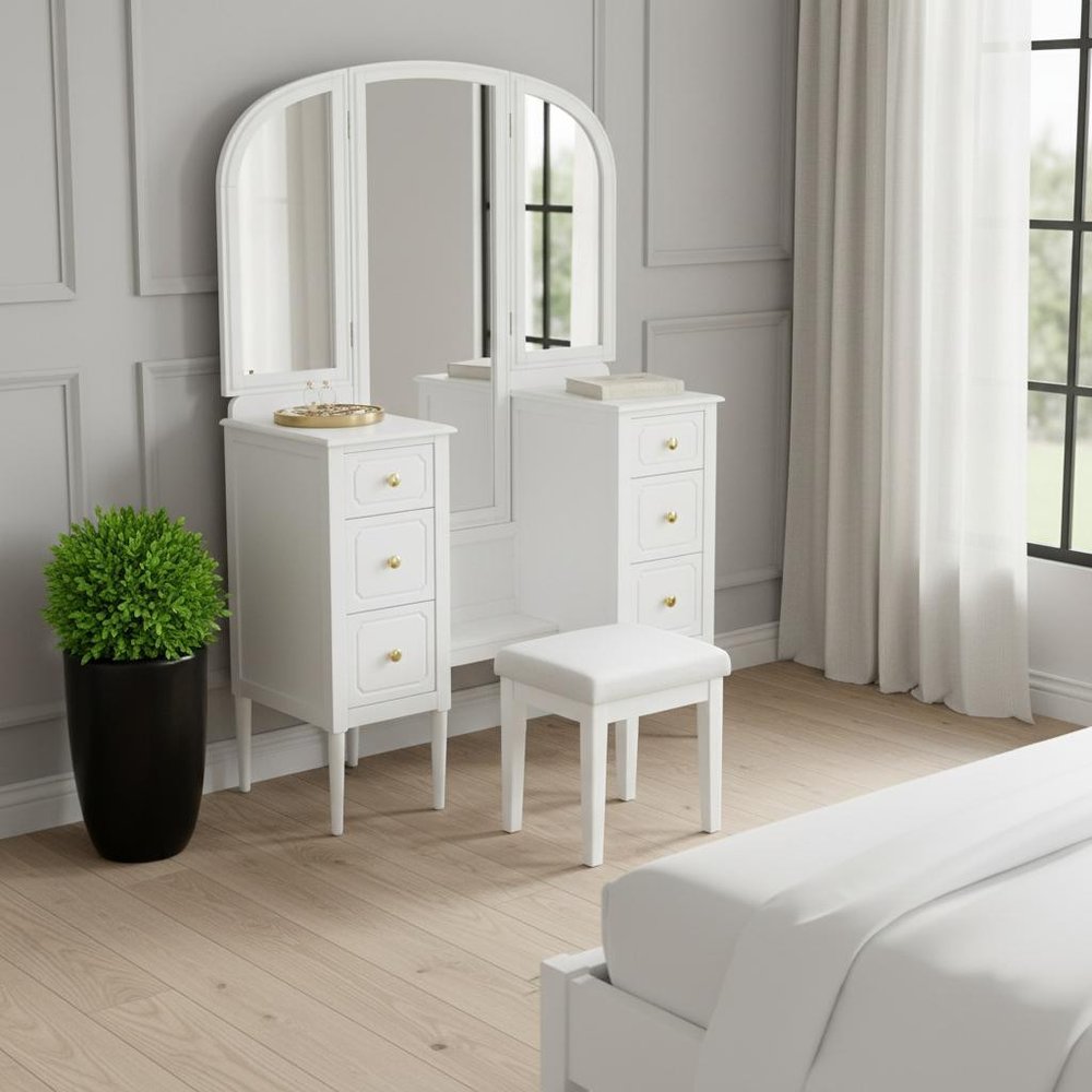 White Wood Mirrored Six Drawer Vanity Table - 47-inch