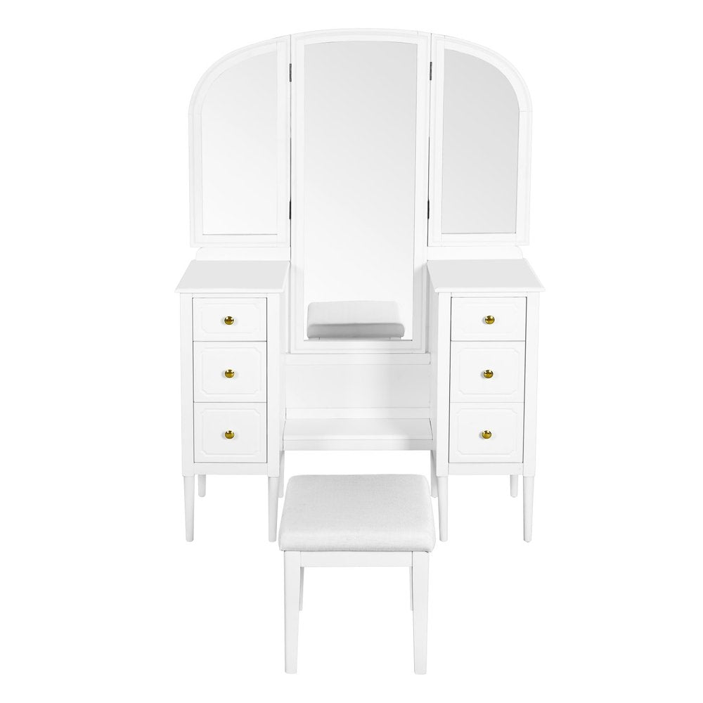 White Wood Mirrored Six Drawer Vanity Table - 47-inch