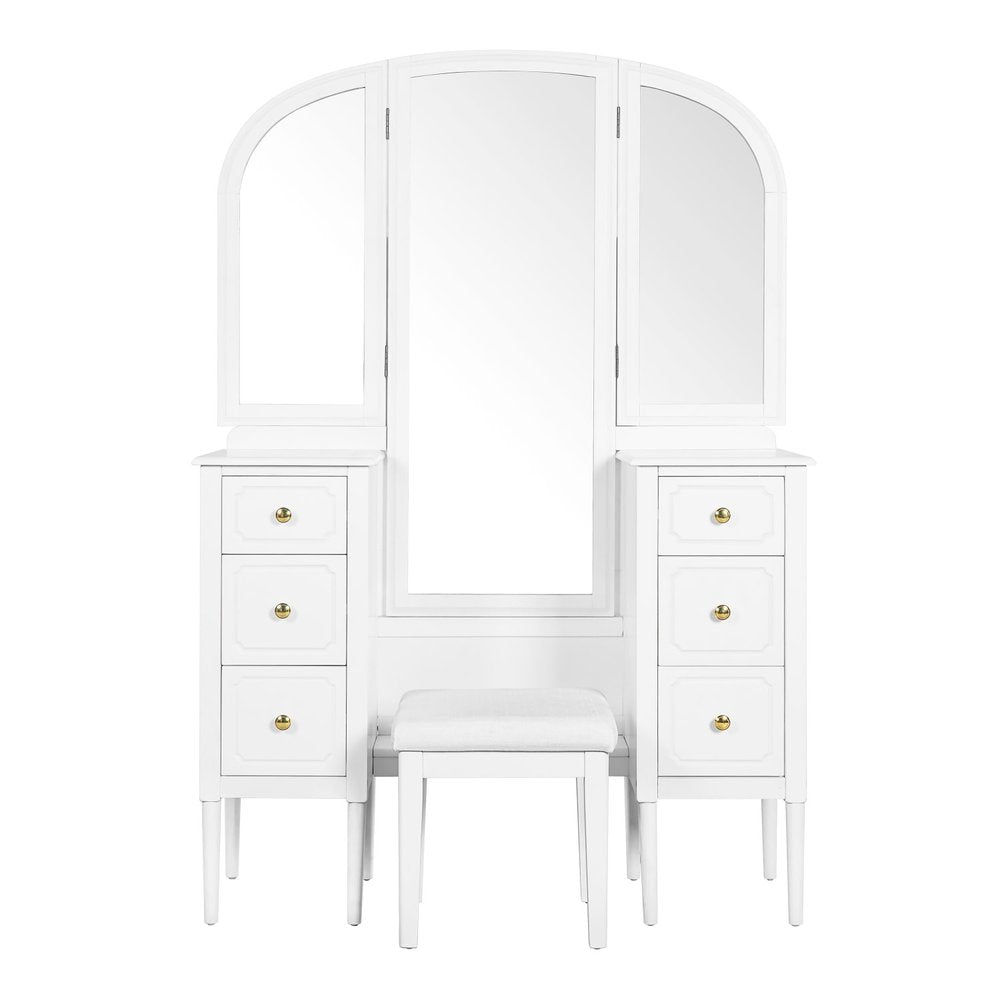 White Wood Mirrored Six Drawer Vanity Table - 47-inch