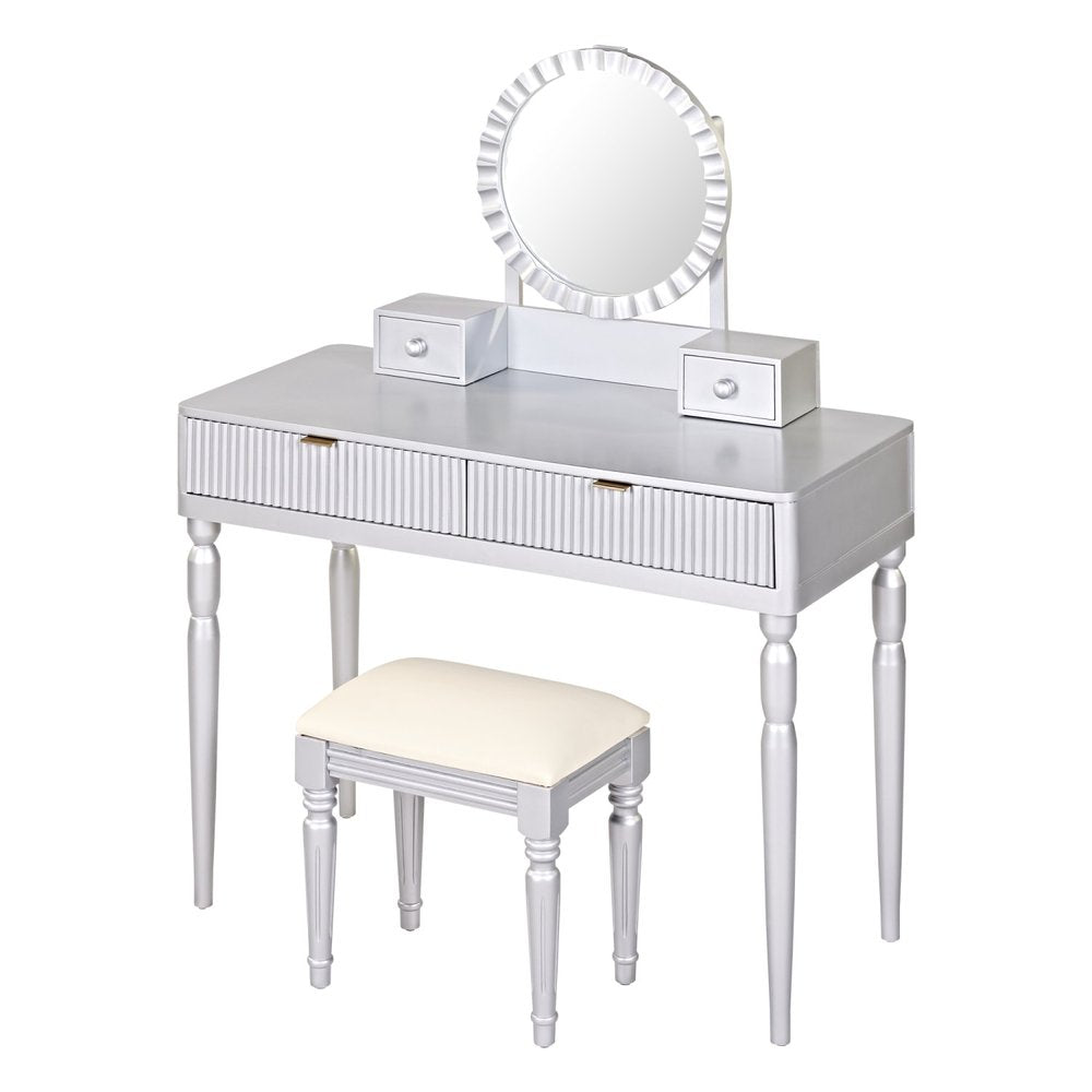 Silver Wood Mirrored Two Drawer Vanity Table - 39-inch