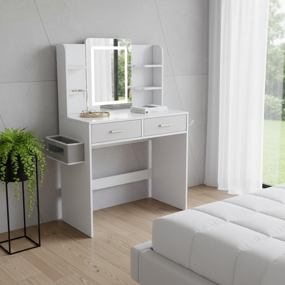 White Wood Mirrored Two Drawer Vanity Table - 28-inch