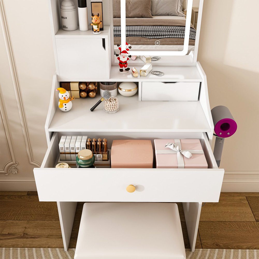 White Wood Mirrored Three Drawer Vanity Table - 43-inch