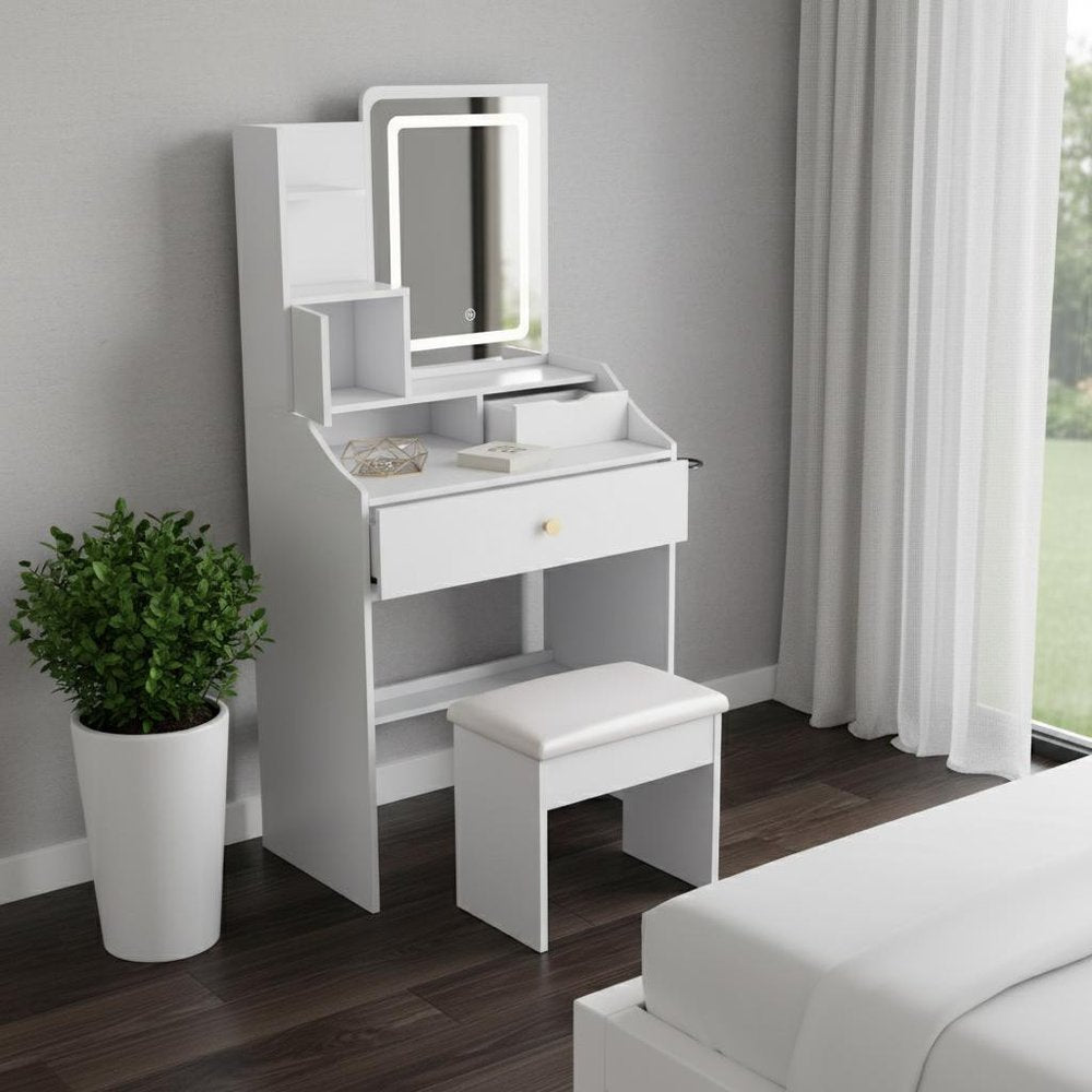 White Wood Mirrored Three Drawer Vanity Table - 43-inch