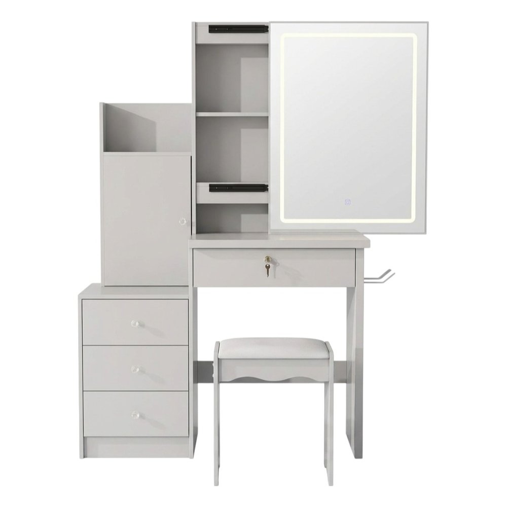 White Wood Mirrored Four Drawer Vanity Table - 35-inch