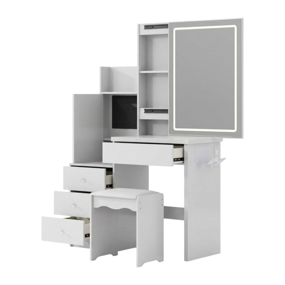 White Wood Mirrored Four Drawer Vanity Table - 35-inch