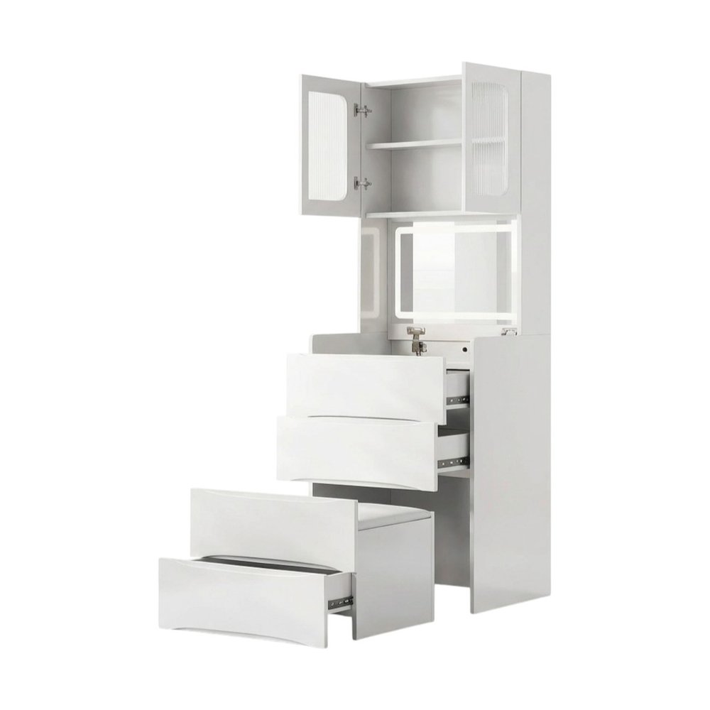 White Wood Mirrored Five Drawer Vanity Table - 19-inch