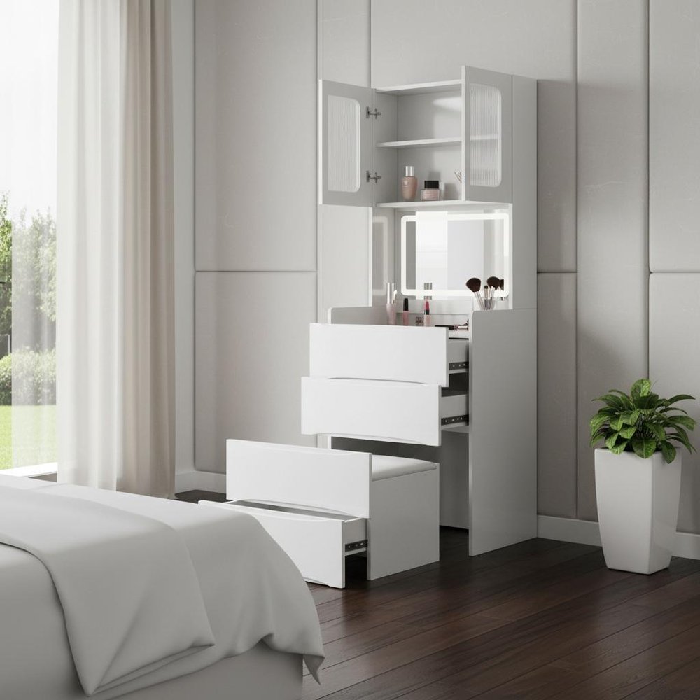 White Wood Mirrored Five Drawer Vanity Table - 19-inch