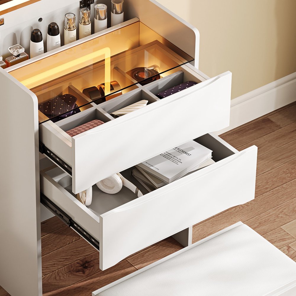 White Wood Mirrored Five Drawer Vanity Table - 19-inch