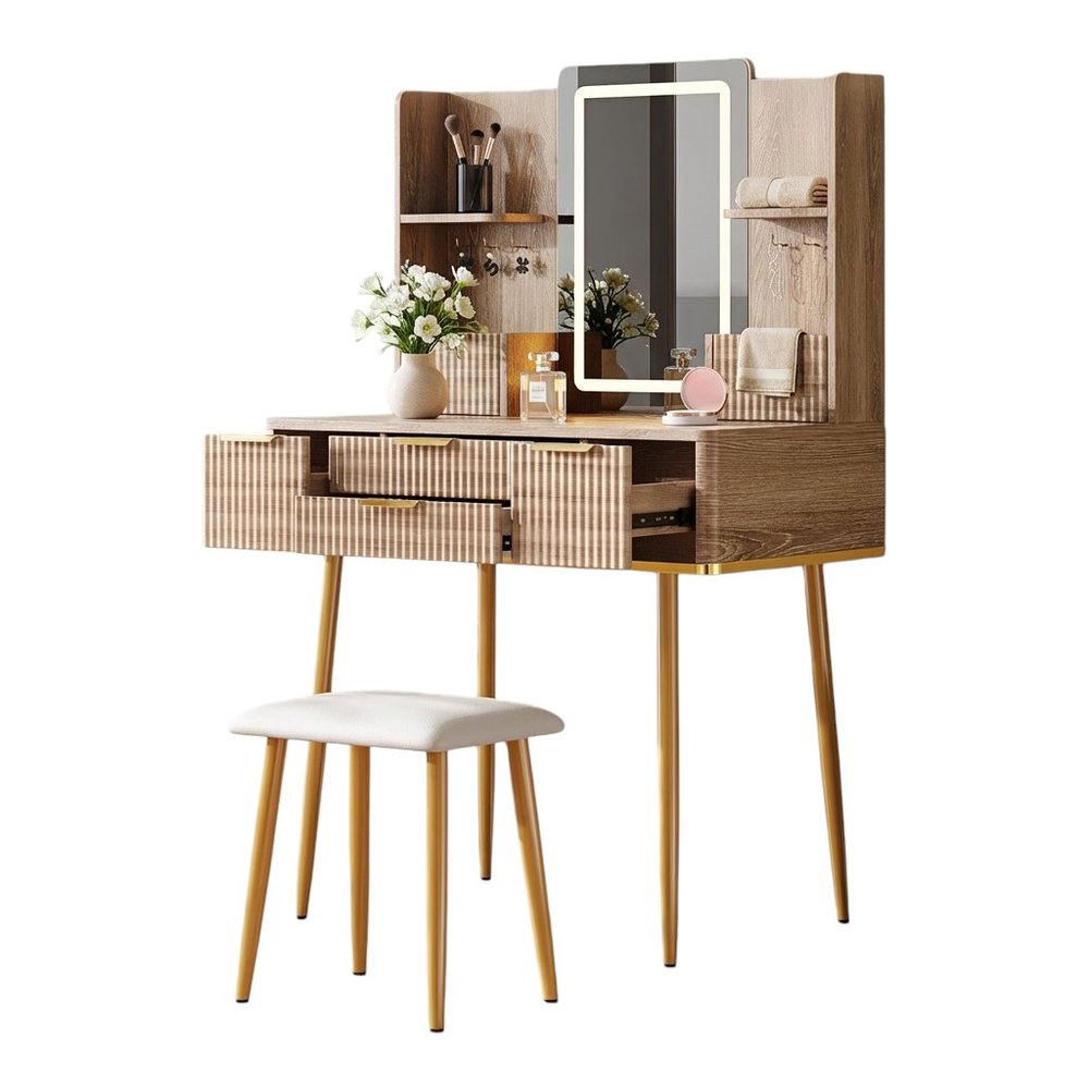 Brown Wood Mirrored Four Drawer Vanity Table - 30-inch