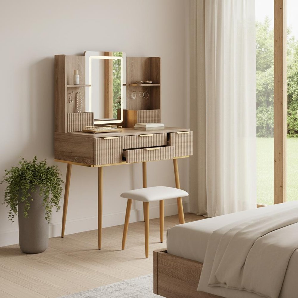 Brown Wood Mirrored Four Drawer Vanity Table - 30-inch